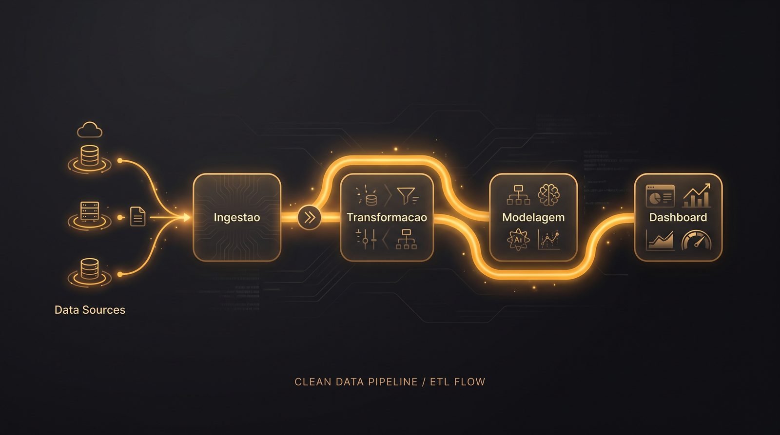 Diagrama de pipeline de dados: fontes, ingestão, transformação, modelagem e dashboard